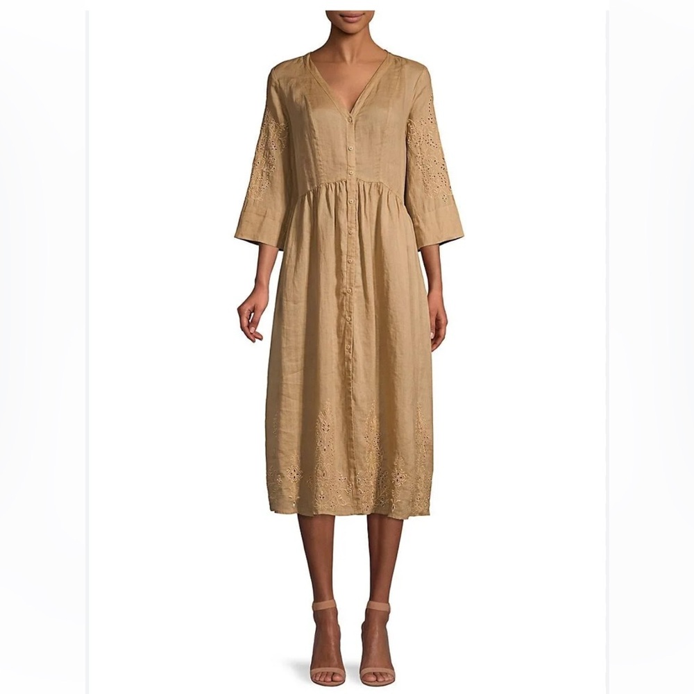 BOGO! Johnny Was Jade Embroidered Eyelet Midi Dress Tan Size Medium - Picture 2 of 10